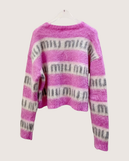 Miu Miu Mohair Striped Logo Sweater Pink, White, Grey, Multicolor IT 38