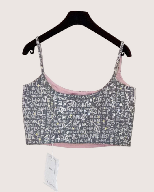Chanel 24C Logo Denim Top Grey, White, Pink, Multicolor FR 36