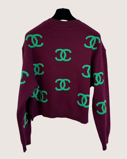 Chanel 21P Cashmere Cropped CC Logo Sweater Burgundy, Green FR 36