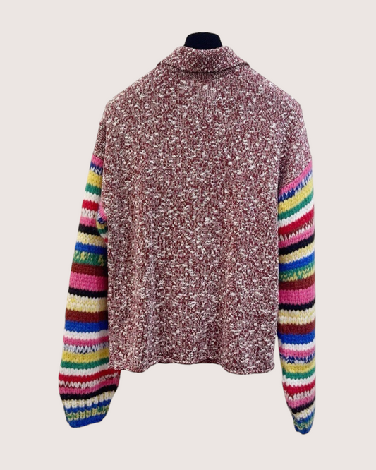 Celine Striped-Sleeve Sweater Burgundy, Beige/Ecru, Multicolor FR 36