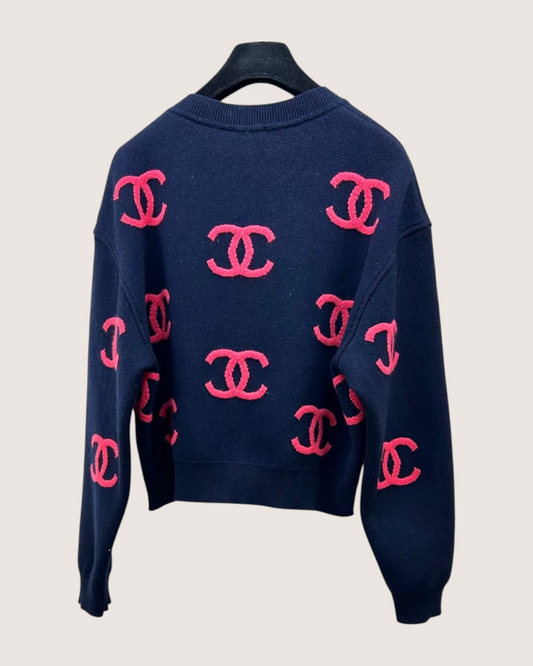 Chanel 21P CC Monogram Cashmere Sweater - Navy, Pink, view 2