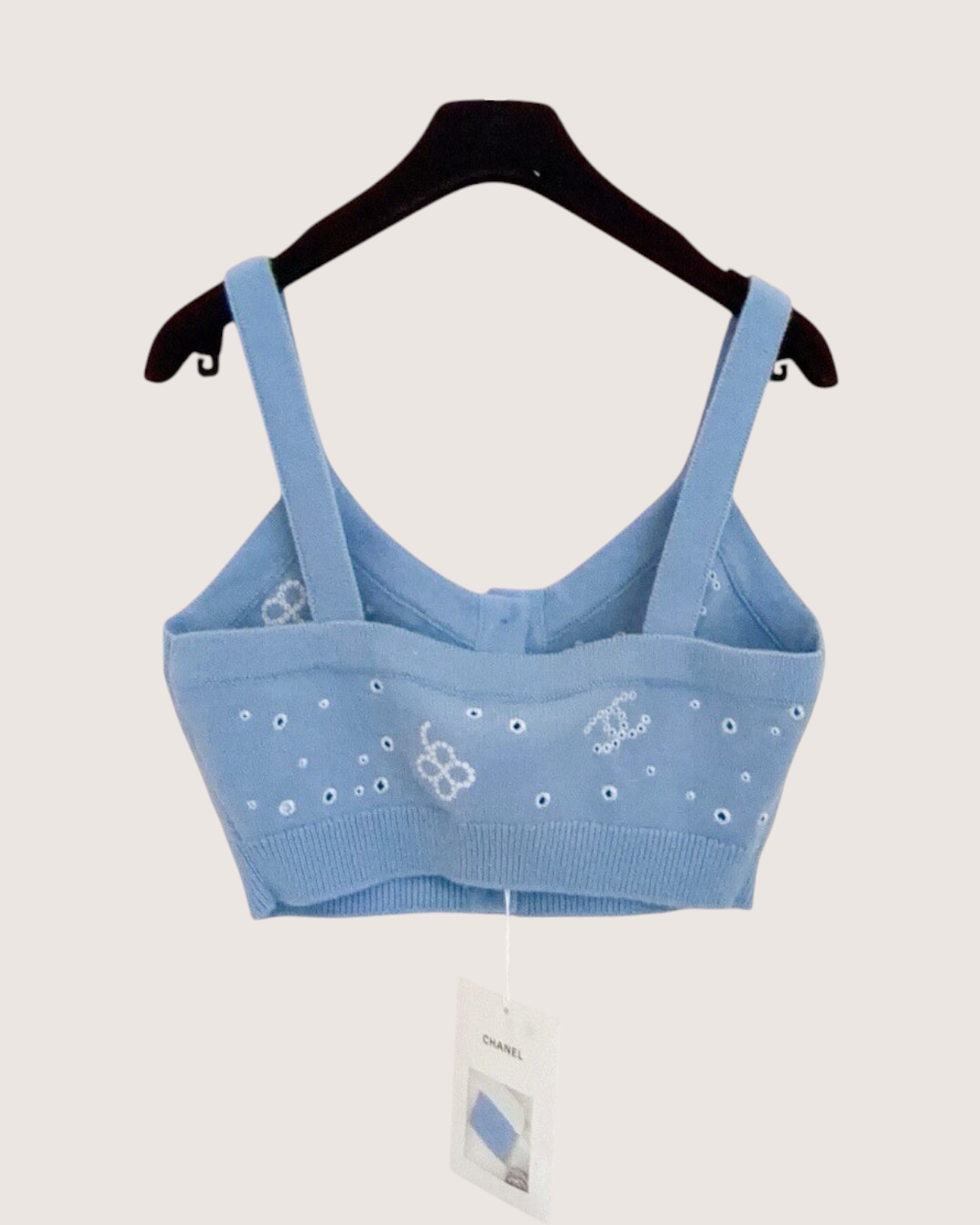 Chanel 23P Cashmere CC Clover Eyelet Cropped Top Blue, White FR 36