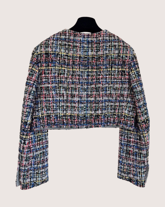 Chanel 23C Sequin Tweed Cropped Jacket Black, Grey, Blue, Multicolor FR 38