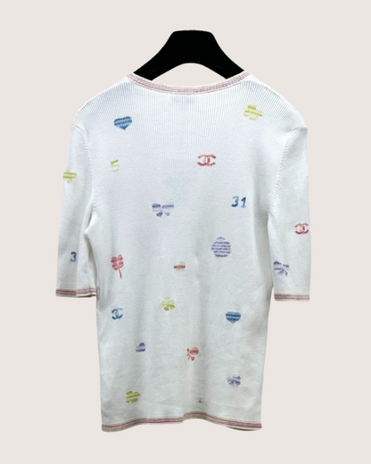 Chanel 21C Short-Sleeve Confetti Heart Cardigan White, Multicolor FR 36