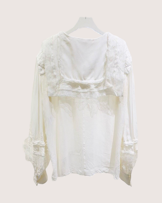 Chanel Silk Lace-Trim Shirt - Beige/Ecru, view 2