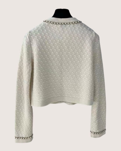 Chanel 23B Cashmere Cropped Chain-Trim Cardigan Beige/Ecru FR 38