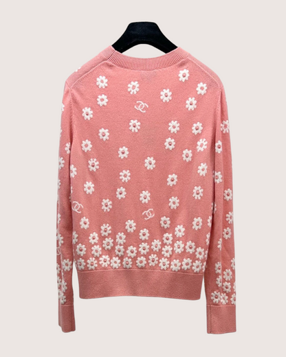 Chanel 22P Cashmere Floral CC Sweater Pink, White FR 34