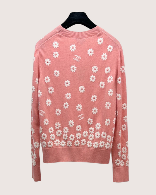 Chanel 22P Cashmere Floral CC Sweater Pink, White FR 34