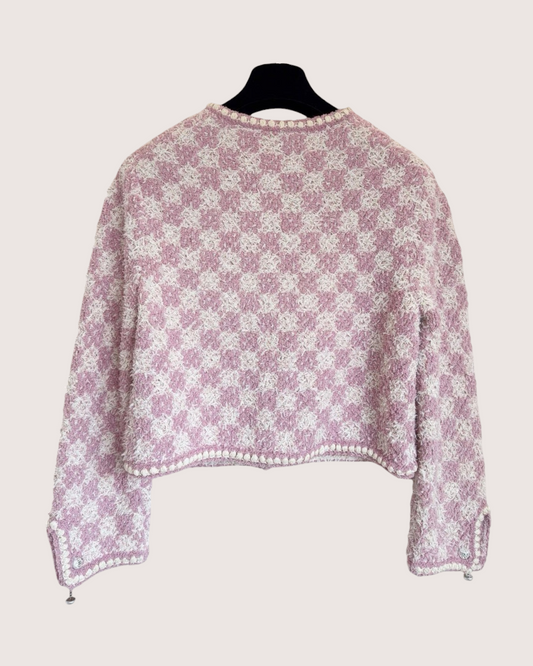 Chanel 23S Cropped Plaid Cardigan Pink, White FR 38