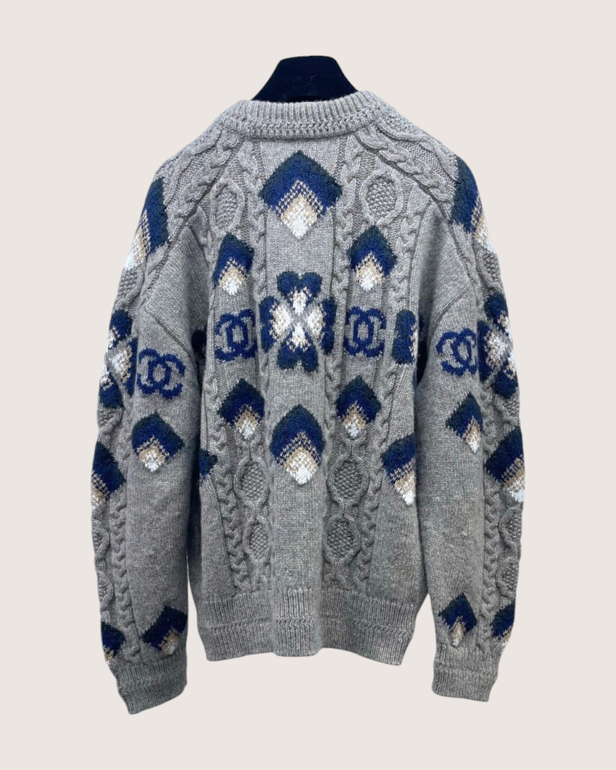 Chanel 24N Coco Neige Wool Crochet Sweater Grey, Navy, Beige/Ecru FR 36