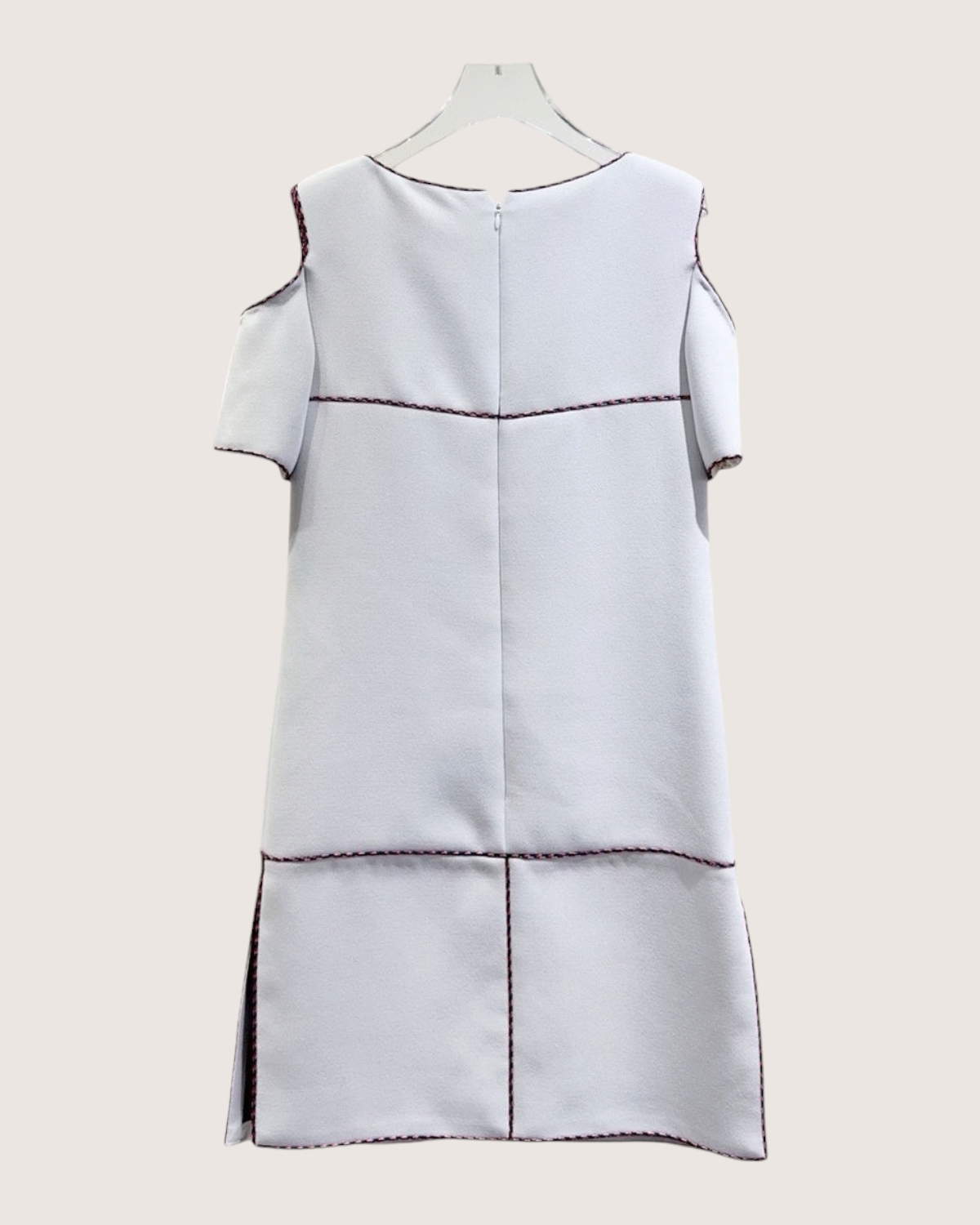 Chanel 14S Braid-Trim Cold-Shoulder Mid-Length Dress White, Grey, Multicolor FR 38