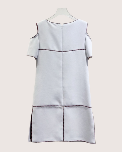Chanel 14S Braid-Trim Cold-Shoulder Mid-Length Dress White, Grey, Multicolor FR 38