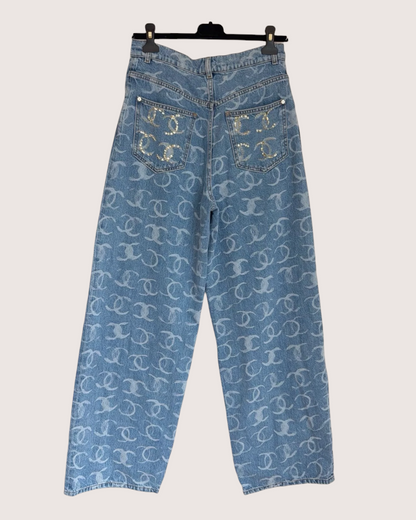 Chanel 23B CC Wide-Leg Denim Jeans Blue FR 34