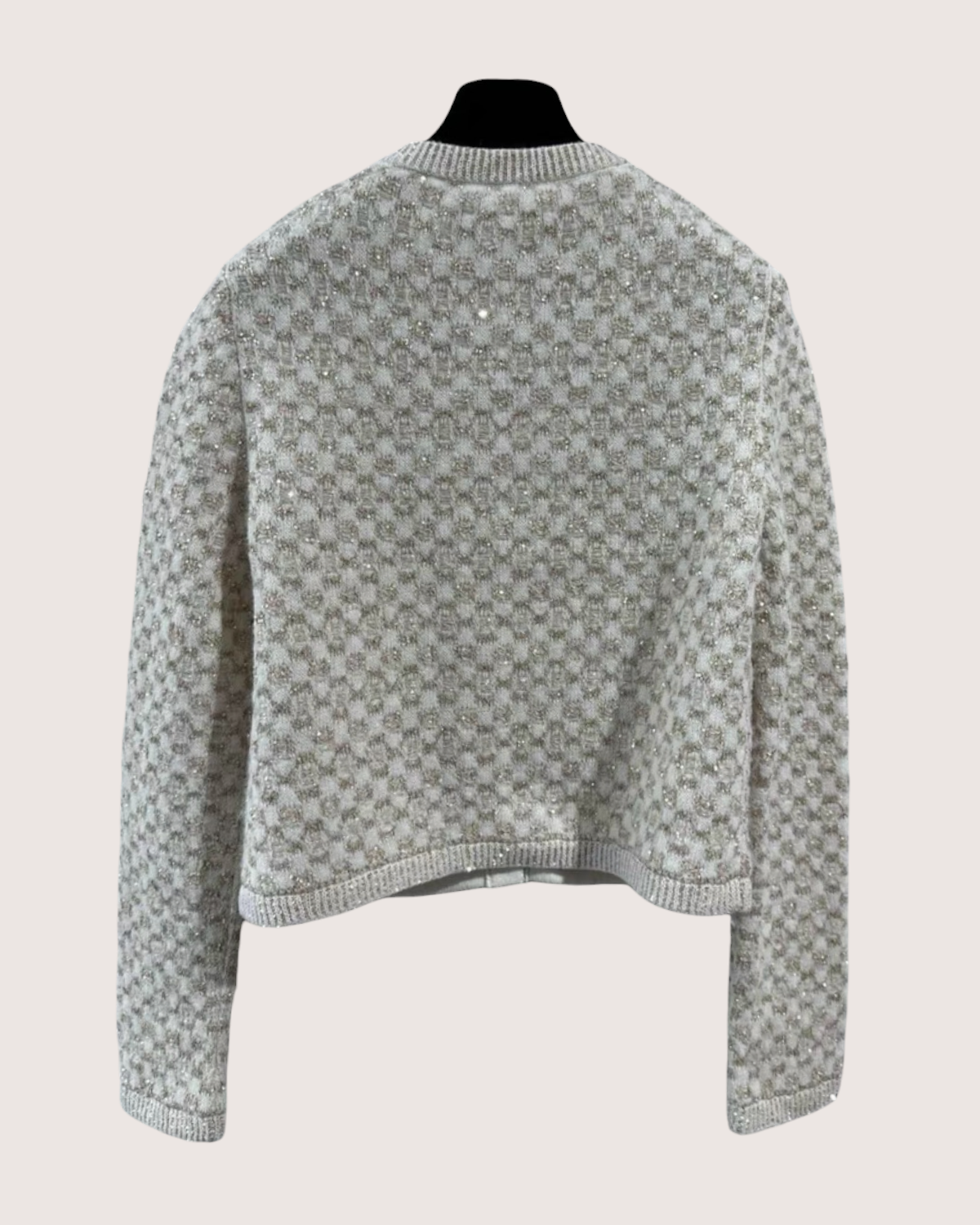 Chanel 23B Sequin Checkerboard Cardigan Beige/Ecru, Gold FR 40