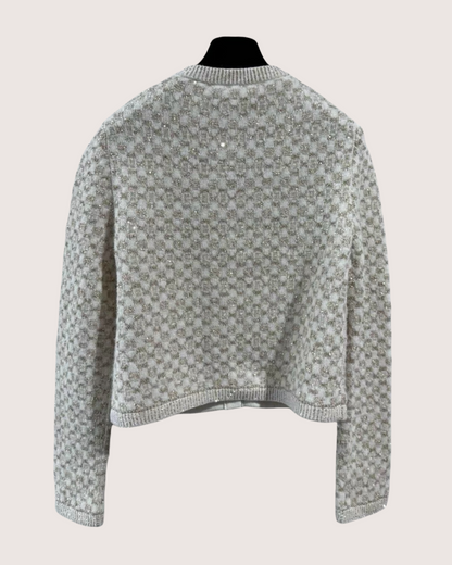 Chanel 23B Sequin Checkerboard Cardigan Beige/Ecru, Gold FR 40
