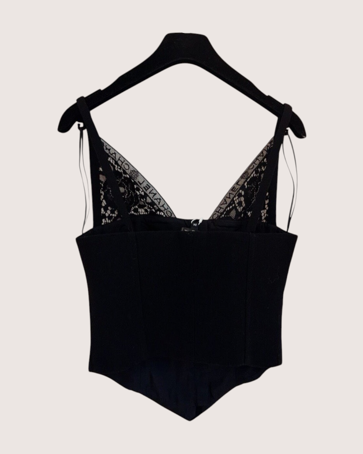 Chanel 25B Wool Logo Lace Bustier Top Black FR 34