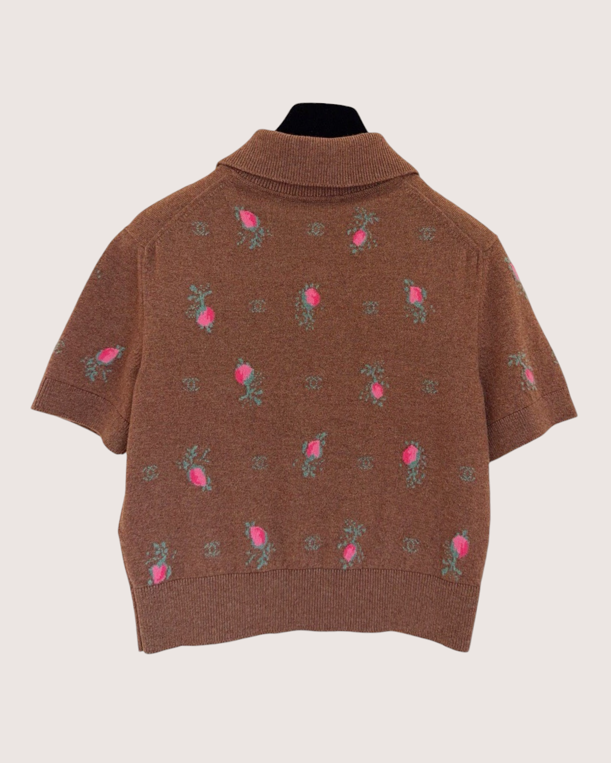 Chanel 22K Cashmere Floral Short-Sleeve Polo Sweater Brown, Pink, Green FR 36