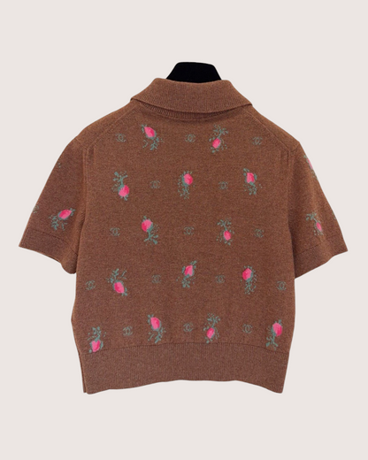 Chanel 22K Cashmere Floral Short-Sleeve Polo Sweater Brown, Pink, Green FR 36