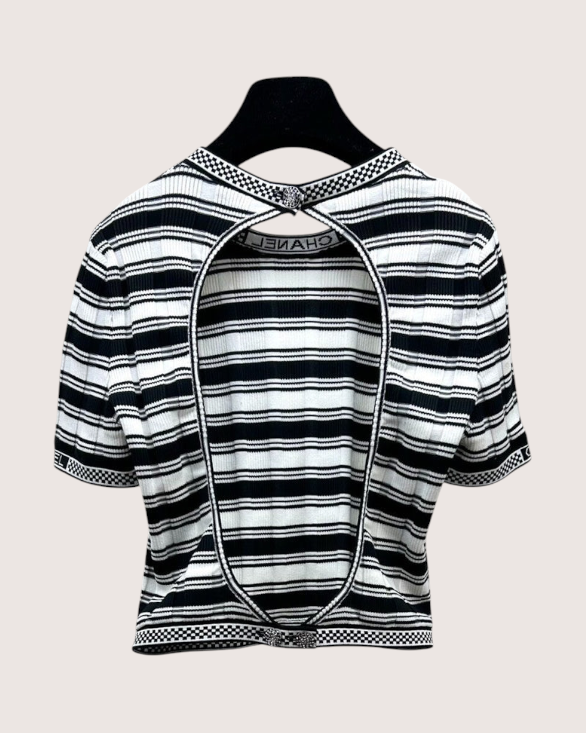 Chanel 23C Striped Cutout-Back Short-Sleeve Top Black, White FR 38