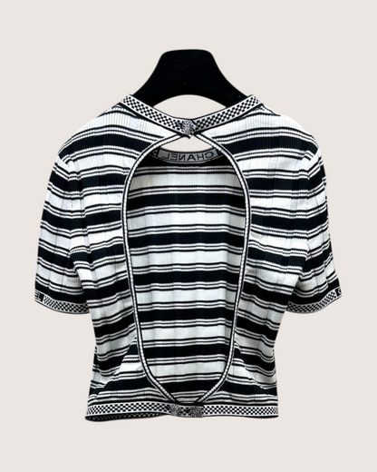 Chanel 23C Striped Cutout-Back Short-Sleeve Top Black, White FR 38