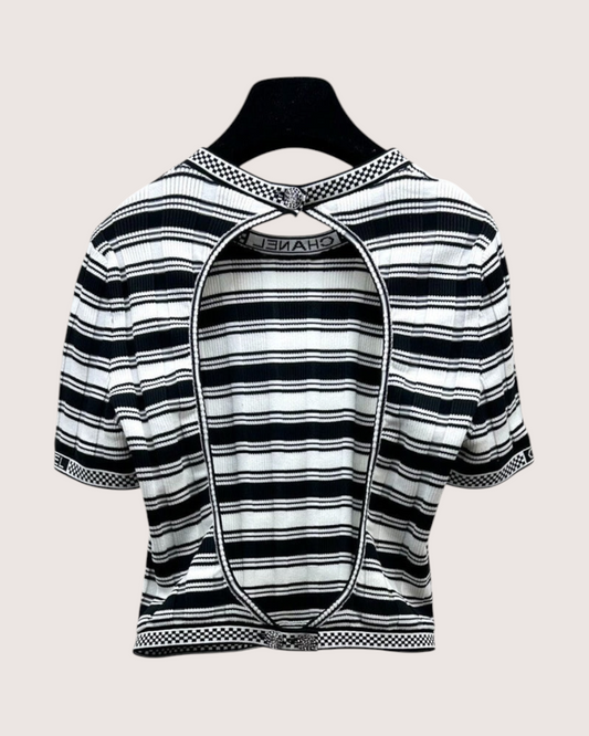 Chanel 23C Striped Cutout-Back Short-Sleeve Top Black, White FR 38
