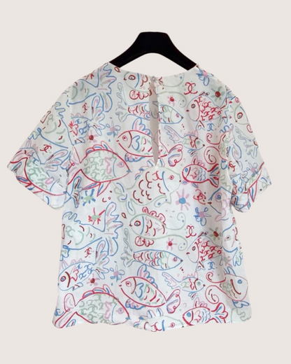 Chanel 25C Fish-Print Short-Sleeve Top White, Red, Blue, Multicolor FR 38