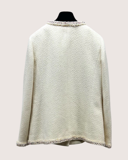 Chanel 26C Sequin-Trim Tweed Jacket Beige/Ecru, Pink FR 40