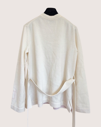 Chanel 25B Cashmere Belted Cardigan Beige/Ecru, Pink FR 36