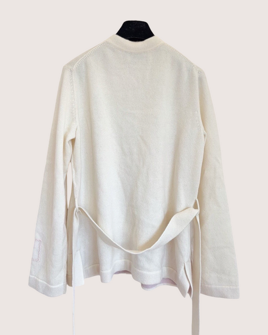 Chanel 25B Cashmere Belted Cardigan Beige/Ecru, Pink FR 36
