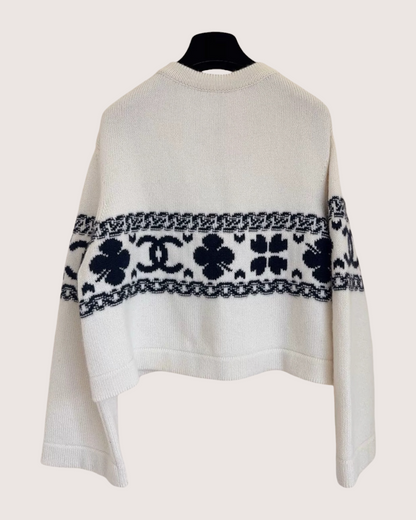 Chanel 20P Clover Cashmere Cardigan White, Navy, Beige/Ecru FR 38