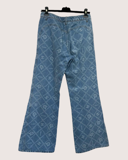 Chanel 23A Camellia Denim Wide-Leg Jeans Blue, White FR 36
