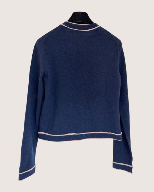 Chanel Pink-Trim Crewneck Cardigan Navy, Pink FR 34