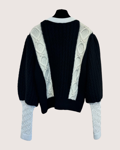 Chanel 21A Wool Puff-Sleeve Cable-Trim Sweater Black, White FR 38