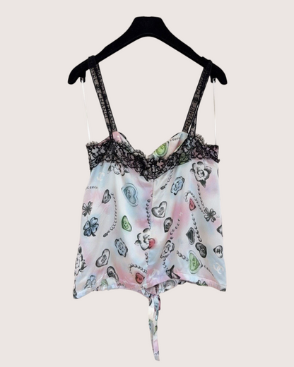 Chanel 25B Graphic Lace-Trim Camisole Top Blue, Black, Pink, Multicolor FR 36