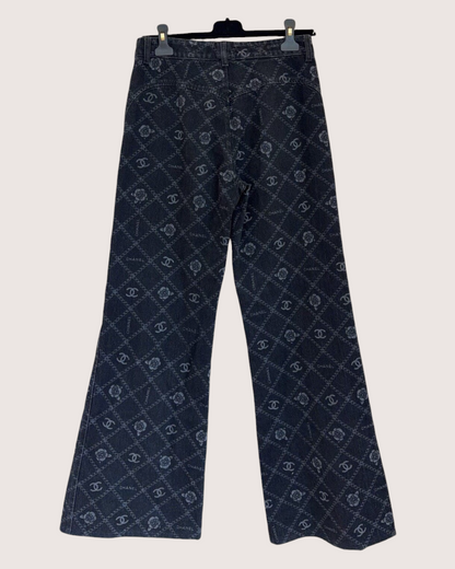 Chanel 23A Camellia Logo Flare Denim Jeans Black, Grey FR 36
