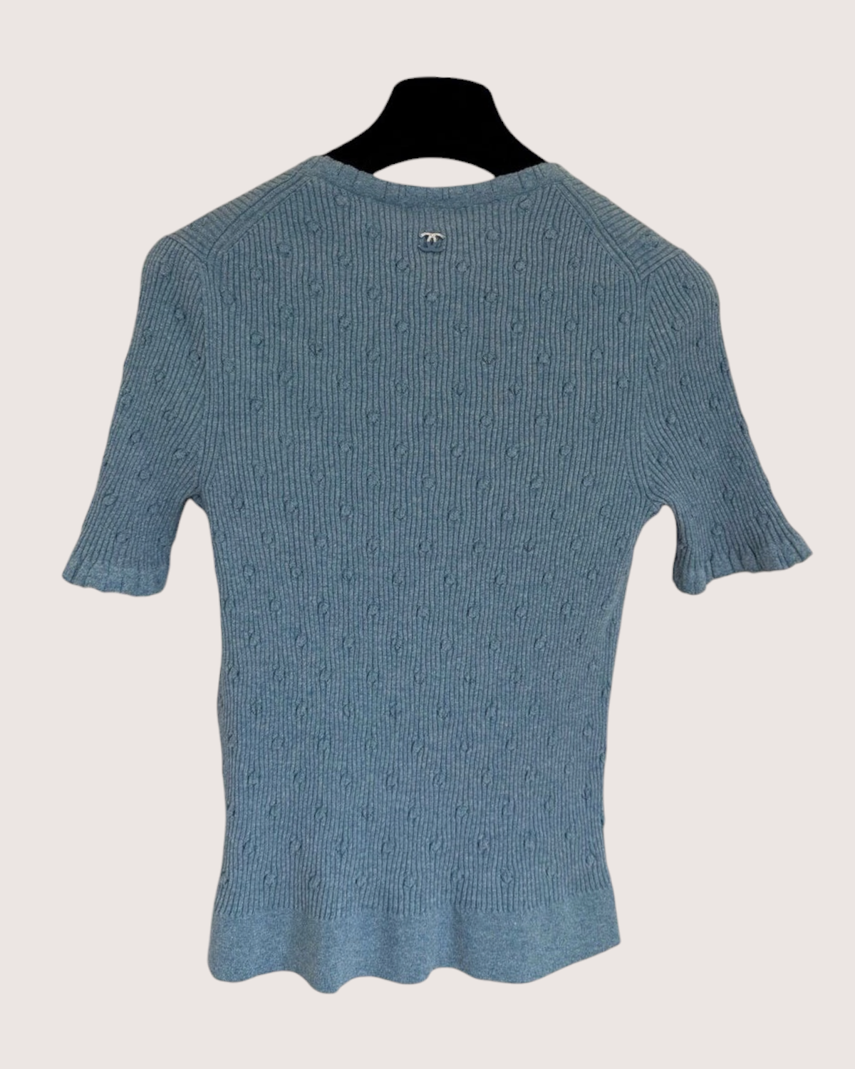 Chanel 25P CC Openwork Short-Sleeve Sweater Blue FR 34