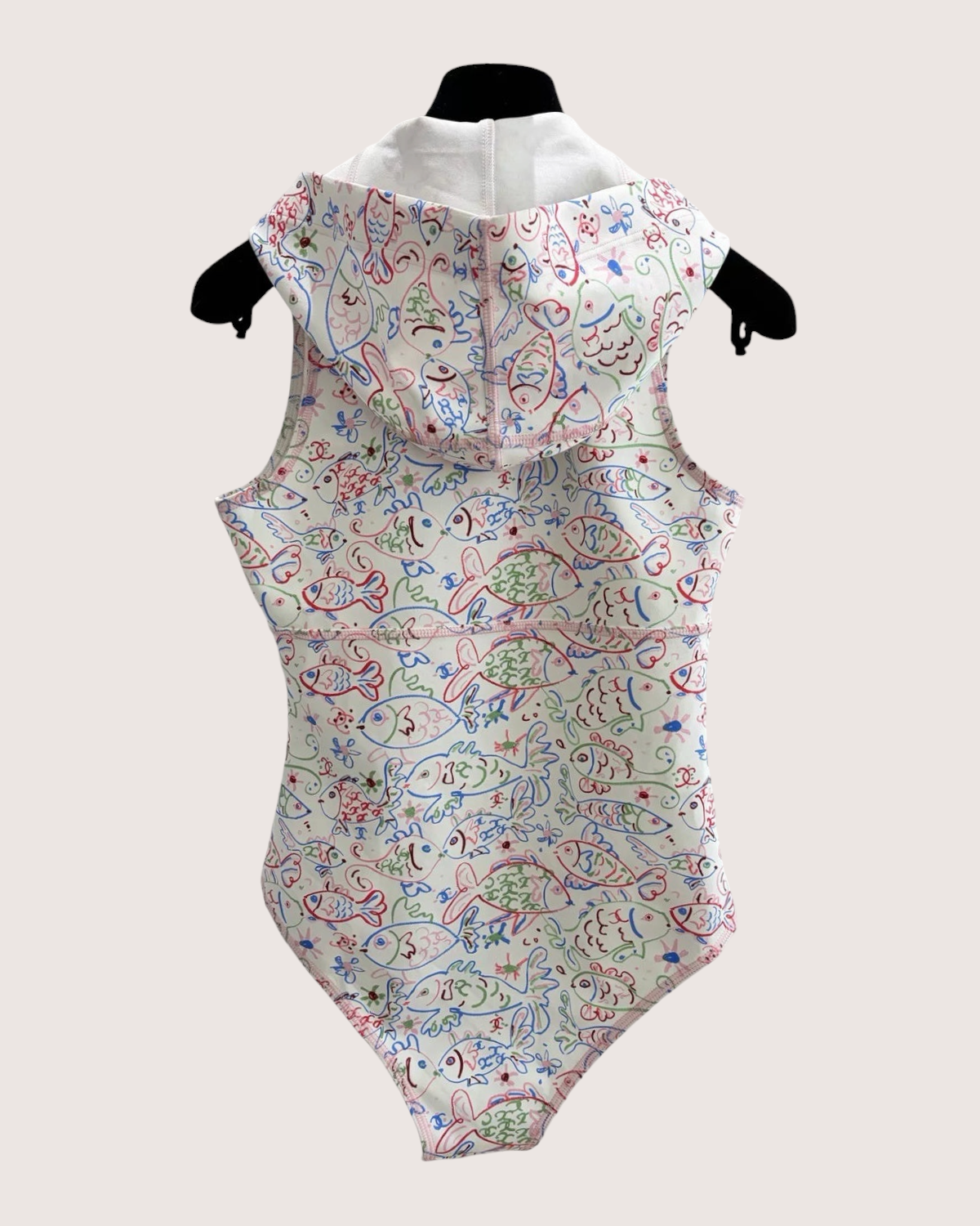 Chanel 25C Fish-Print Hooded One-Piece Swimsuit White, Black, Multicolor FR 38