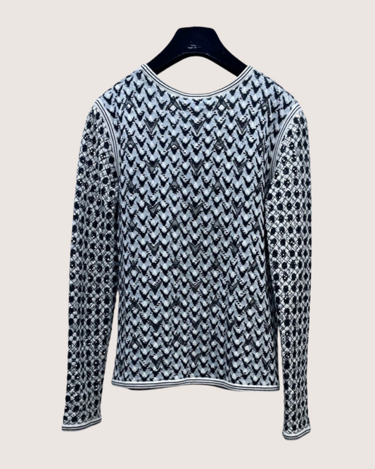 Chanel 21A Cashmere Sequin Chevron Sweater Grey, Black, White FR 34