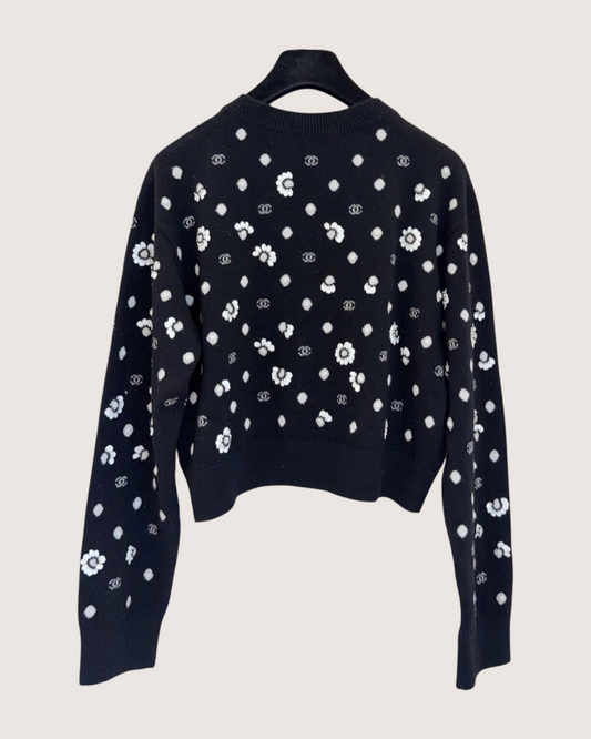 Chanel 23S Cashmere Embellished Sweater Black, White FR 40