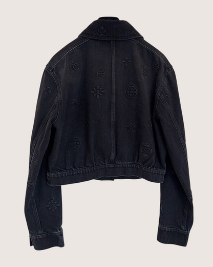 Chanel 21P Cropped Camellia Denim Jacket Black FR 38