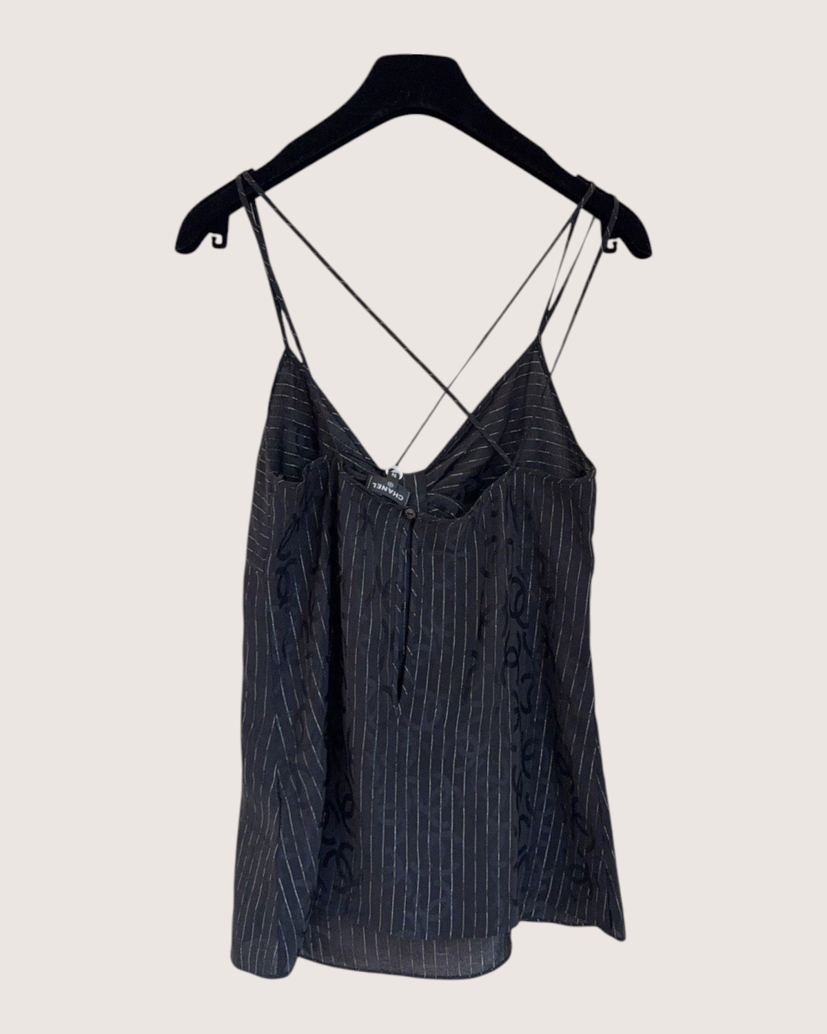 Chanel 23P Striped Crystal CC Camisole Top Black, Silver FR 36