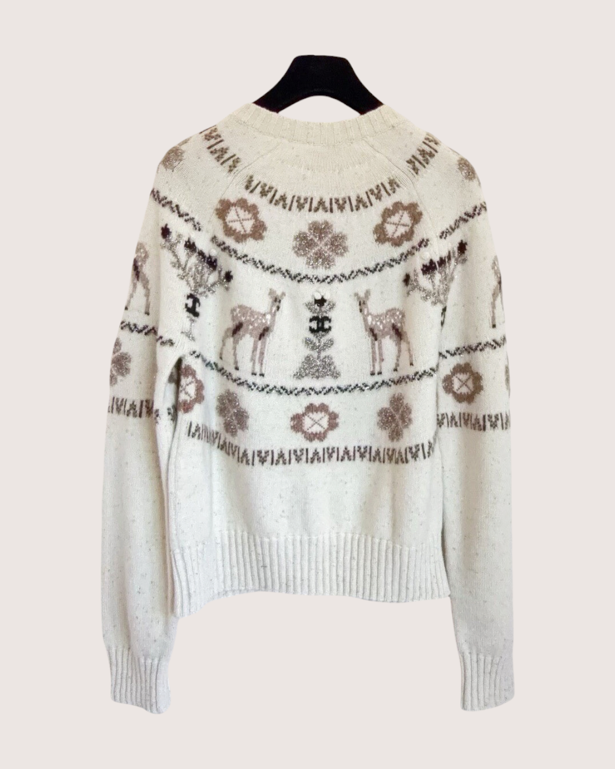 Chanel 25N Coco Neige Cashmere Deer Fair Isle Cardigan Beige/Ecru, Brown FR 36