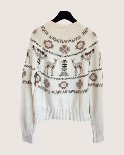 Chanel 25N Coco Neige Cashmere Deer Fair Isle Cardigan Beige/Ecru, Brown FR 36