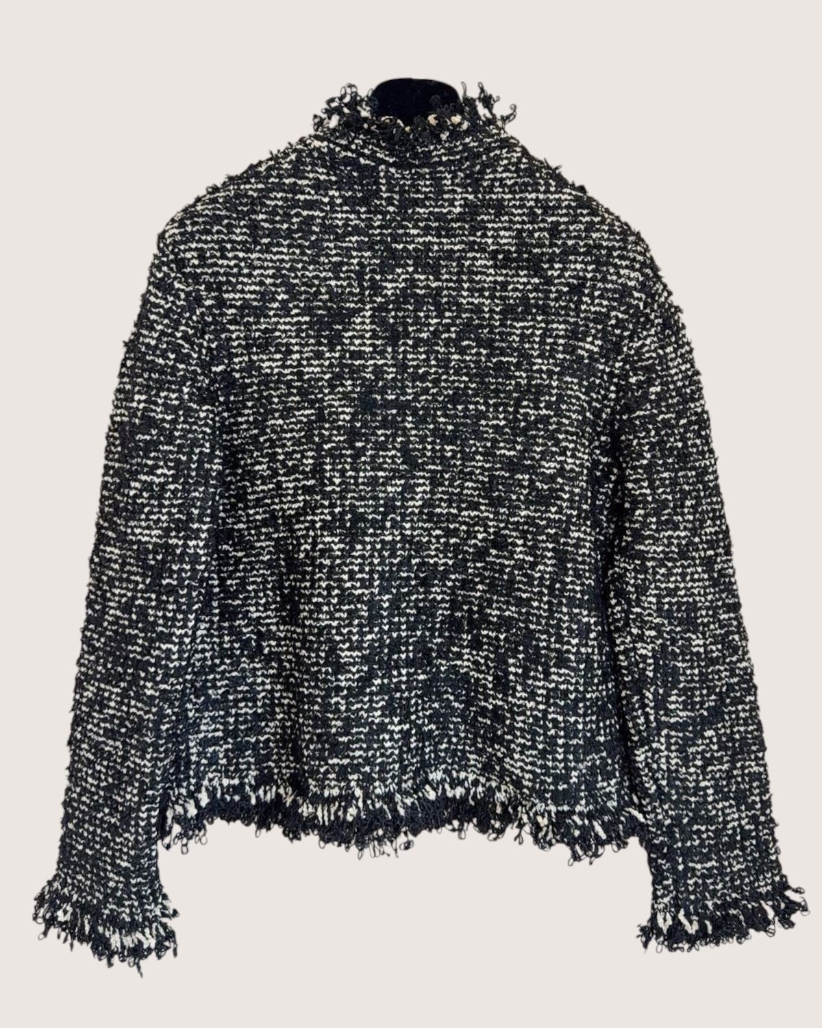 Chanel 26B Fringe Tweed Jacket Black, Beige/Ecru FR 38