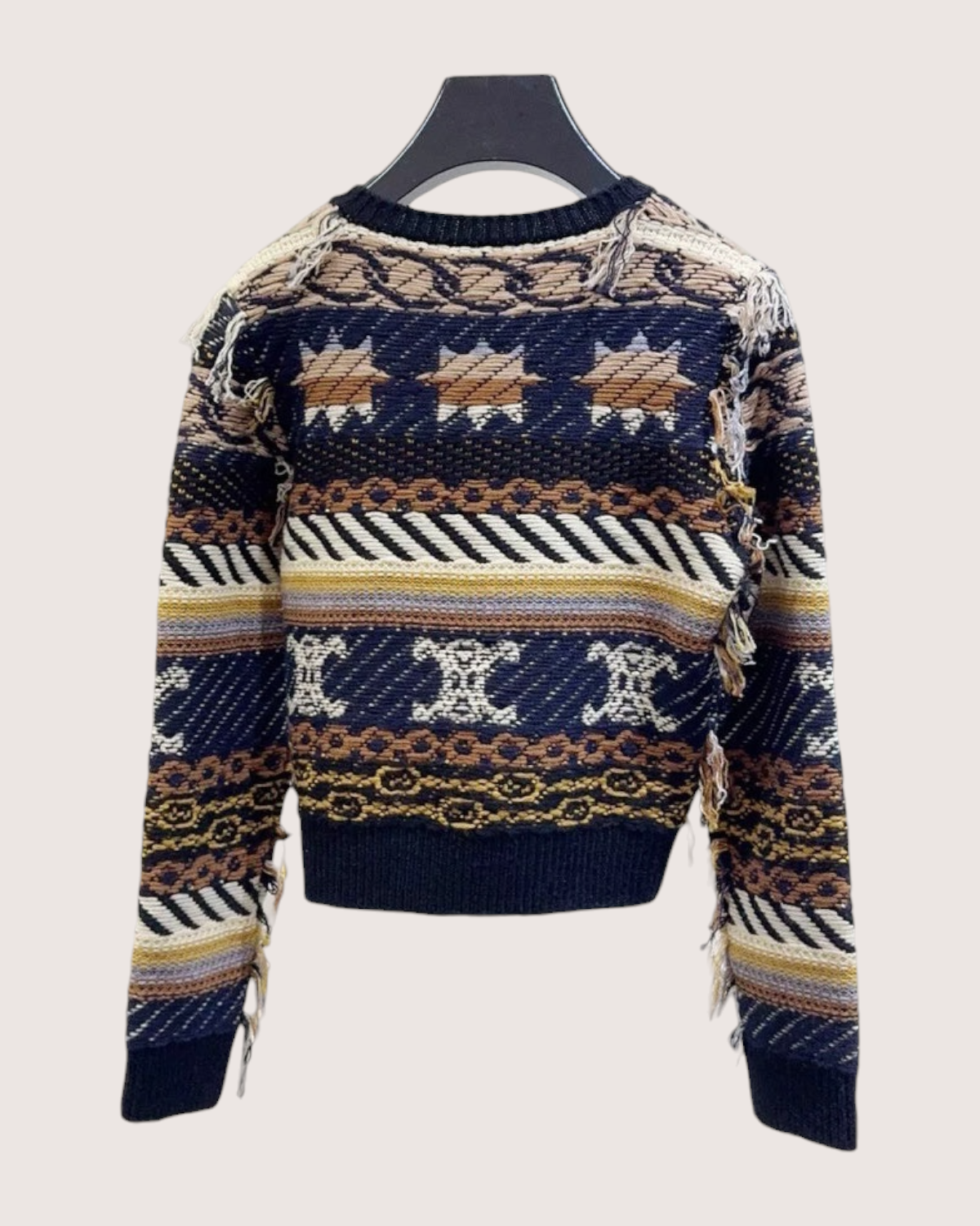 Celine Wool Fringe Cropped Sweater Navy, Beige/Ecru, Multicolor FR 38