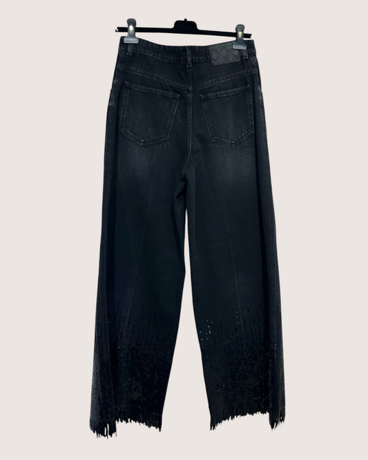 Chanel 24B Sequined Fringe Wide-Leg Denim Jeans - Black, view 2