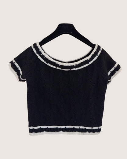 Chanel 22C Cashmere Contrast-Trim Crop Top Black, White FR 38