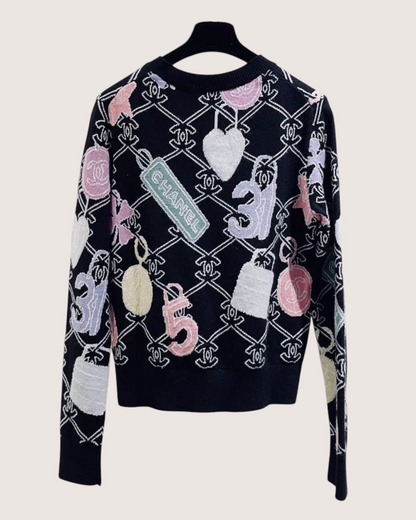 Chanel 22P Wool Charm Print Sweater Black, Pink, Multicolor FR 34