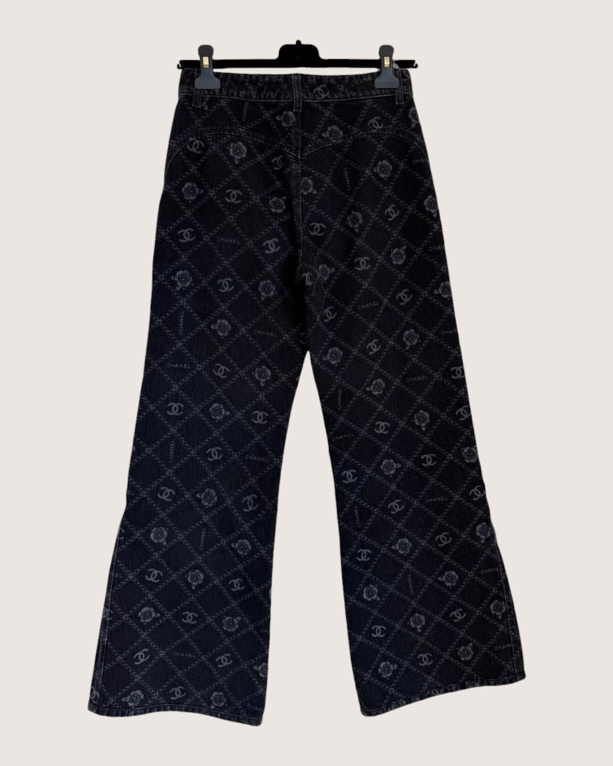 Chanel 23A Camellia Wide-Leg Denim Jeans