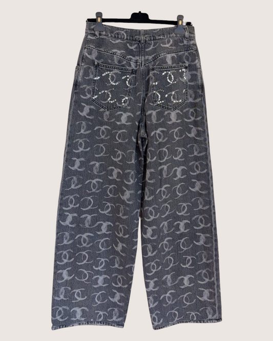 Chanel 23N Coco Neige Wide-Leg Denim Jeans Grey FR 38